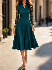 Editum Women's V-Neck Lace Patchwork Long Sleeve Cinched Waist Dress - Dark Green - View 5