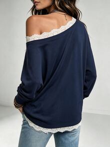 LUMIGAL Women's Contrast Lace One-Shoulder Long Sleeve Loose Fashion Sweatshirt - Navy Blue - View 2