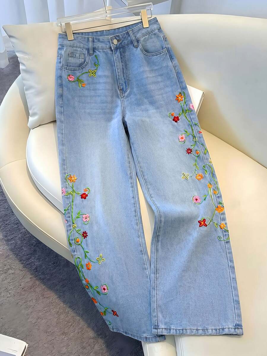 SHEIN MOD Women's Printed Denim Jeans - Light Wash - View 1
