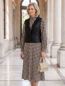 EMERY ROSE Women's Slim Fit Black Tank Top And High Neck Long Sleeve Houndstooth Maxi Dress Set Office Formal Winter Elegant Casual - Multicolor - View 4
