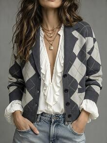 SHEIN Women's Diamond Pattern Long Sleeve Single-Breasted Casual Knit Cardigan - Multicolor - View 4