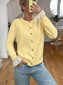 Cévolie Cardigan Rajut Tipis Kancing Tunggal dengan Manset Renda Kontras untuk Wanita - Kuning - View 5