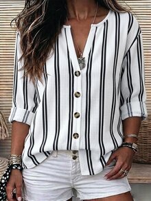 SHEIN Fashion Casual Basic 3+ Waffle Texture Fabric White Base Vertical Stripe Print Design Button Placket Plus Size T-Shirt - Multicolor - View 1