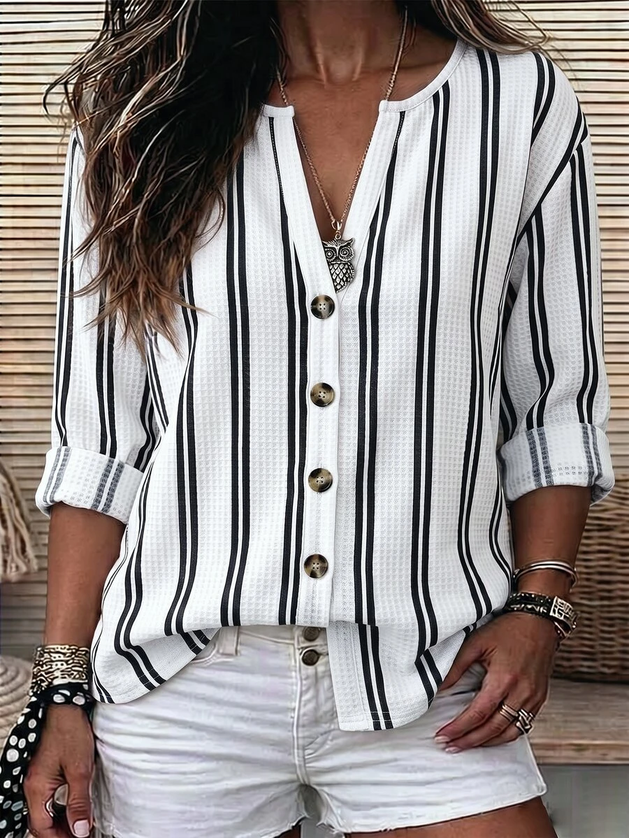 SHEIN Fashion Casual Basic 3+ Waffle Texture Fabric White Base Vertical Stripe Print Design Button Placket Plus Size T-Shirt - Multicolor - View 1