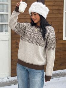 Comfortcana Sweater Kasual Serbaguna Lengan Panjang Bergaris Kerah Bulat untuk Wanita - Aprikot - View 8