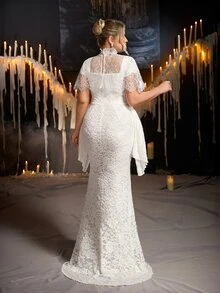 Aureia Plus Size Elegant Romantic Palace Style Beige Elastic Lace 2 Pieces Set Square Neck Slimming Ruched Design Mermaid Long Dress With Detachable Eyelash Lace Shawl, Suitable For Vacation, Ball, Evening Party, Wedding Event, Bridal Gown - White - View 2