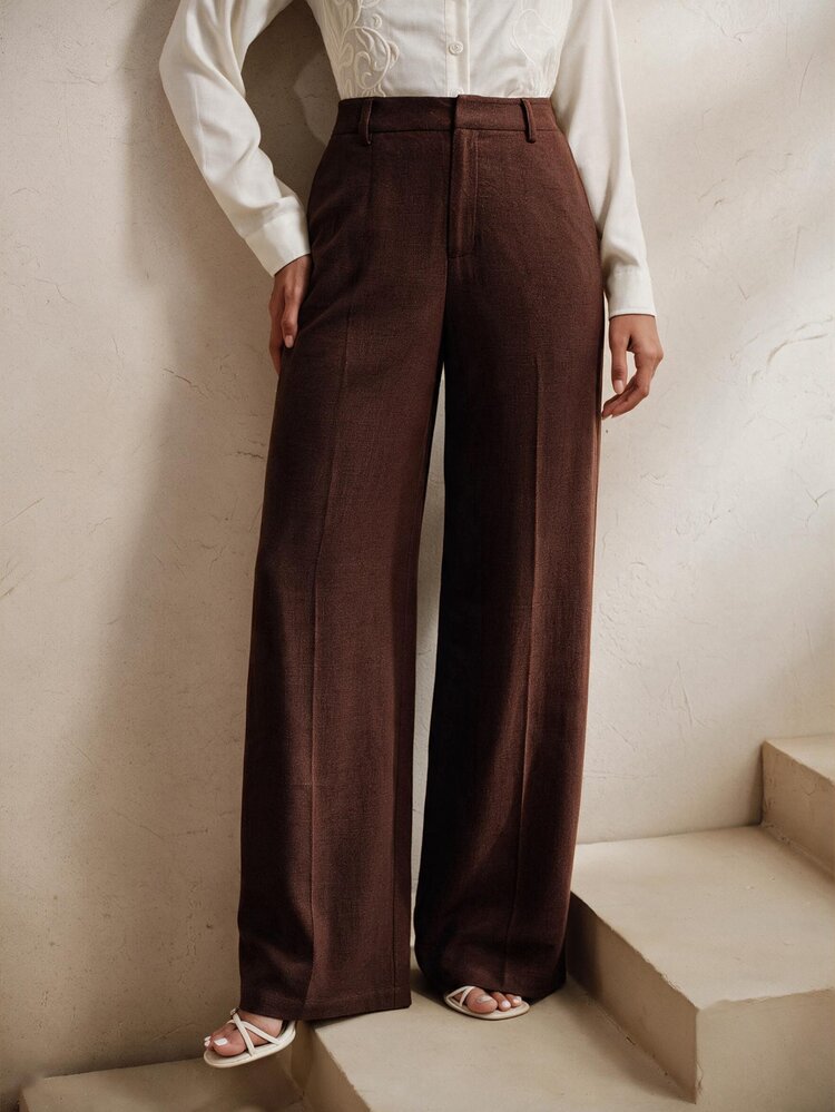 Anewsta Essential Festival Outfits For Women Vacation Summer New Solid Color Suit Pants Modern Urban Loose Wide Leg Suit Pants Women Long Pants Valentine Day Beach Outfits - Burgundy - View 5