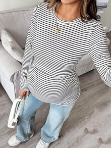 SHEIN 孕婦條紋圓領長袖休閒哺乳上衣 - 白色 - 查看 7