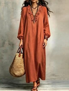 SHEIN Casual V-Neck Ruffle Loose Fit Maxi Dress For Women - Orange Red - View 1