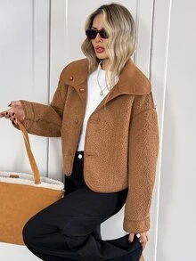 Easowa Women's Fashion Plush Collar Single-Breasted Long Sleeve Jacket - Brown - View 2