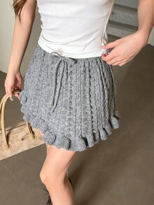 K-Vae Rok Mini A-Line Rajut Kabel Berongga dengan Ikat Pinggang dan Hem Berumbai, Serbaguna - Grey - View 3