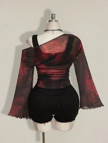 SHEIN ICON 女款大尺碼紮染圖案單肩長袖時尚上衣 - 酒紅色 - 查看 2