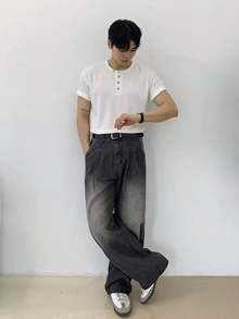 DAZY 男士黑色短袖圓領半開襟T恤 - 白色 - 查看 4