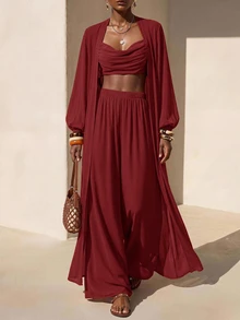 Zivah Women's Solid Color Lantern Sleeve Long Robe Cropped Halter Neck Tank Top And Wide Leg Pants Fashion Vacation Set - Burgundy - View 4