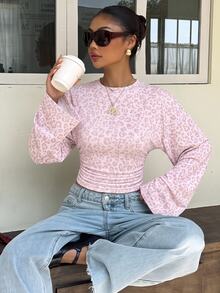 Muchica 女款粉色豹紋蝙蝠袖修身長袖T恤，優雅休閒時尚基本款上衣，適合春夏秋冬，適用於外出與派對 - 彩色 - 查看 3