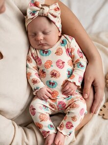 SHEIN 新生兒嬰兒羅紋花卉長袖上衣與鬆緊腰長褲套裝，舒適時尚嬰兒居家服 - 彩色 - 查看 3