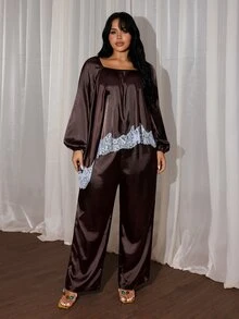 Rustia Plus Contrast Lace Lantern Sleeve Satin Top & Pants Set Fall - Brown - View 3