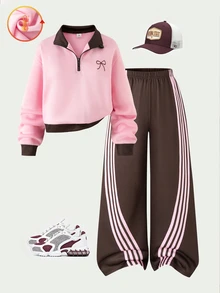 SHEIN Sparklyn 青少年女孩蝴蝶結圖案拼色半拉鍊運動衫與側條紋寬腿褲返校休閒Y2K運動風兩件套 - 彩色 - 查看 3