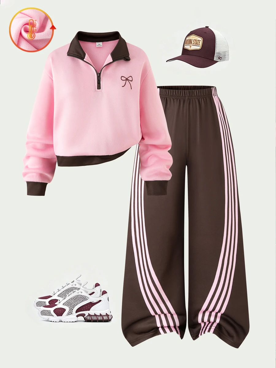 SHEIN Sparklyn Tween Girls Bow Graphic Colorblock Half Zip Sweatshirt And Side Striped Wide Leg Pants Back-To-School Casual Y2K Athletic 2 Pieces Set - Multicolor - View 1