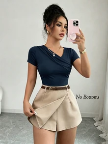 SHEIN Raffinéa 女款時尚短袖領口層次感休閒通勤T恤 - 藍色 - 查看 5