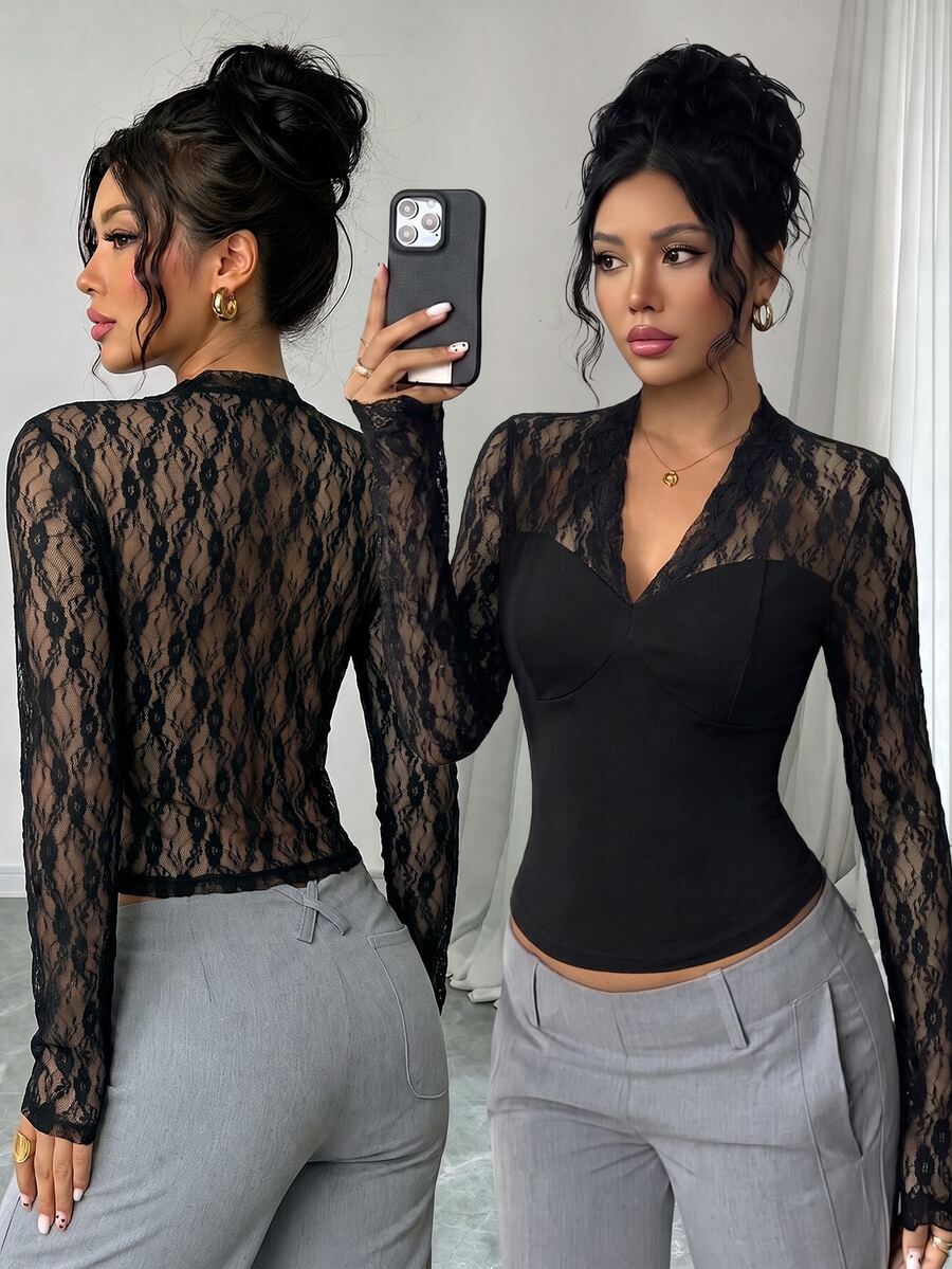 SHEIN Elenzya Contrast Lace Sheer Cup Detail V Neck Top - Black - View 1