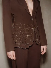 Anewsta Women's New Vintage Elegant Party Evening Heavy Embroidery Hollow Out Long Sleeve Rhinestone Bling Blazer - Brown - View 2