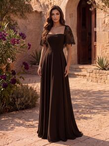 Coutiva Women's Lace Patchwork Elegant Waist-Cinching Formal Prom Graduation Evening Gown Dress Brown Fall - Coffee Brown - View 4