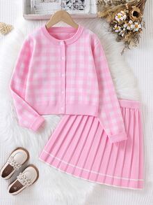 SHEIN Tween Girl Autumn/Winter Fashion Knit Cardigan + Striped Pleated Mini Skirt Set - Pink - View 4