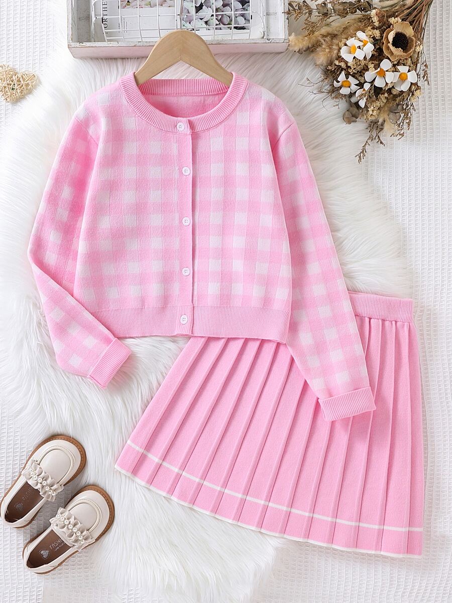 SHEIN Tween Girl Autumn/Winter Fashion Knit Cardigan + Striped Pleated Mini Skirt Set - Pink - View 1