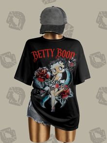 Betty Boop x SHEIN Women's Fashion Cartoon Print Short Sleeve T-Shirt - White - View 1
