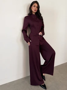 Firerie Women's Solid Color Long Sleeve Jacket And Pants Casual Commute Suit Set - Red Violet - View 7