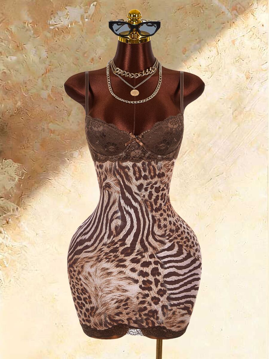 Amplova Gaun Mini Cami Motif Zebra dengan Renda Kontras Seksi untuk Wanita - Mocha Brown - View 1