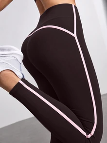 Dewbera Dewbera 女款秋季運動緊身褲，黑色亮片修身款，9/10長度，拼色拼接配滾邊，中腰，休閒舒適，適合健身房、瑜伽 - 棕色 - 查看 1