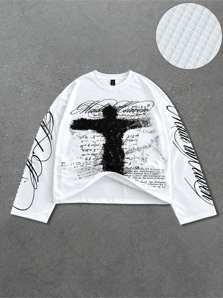 ROMWE MEN Men's Long Sleeve Cross & Script Print Loose Fit T-Shirt - White - View 1