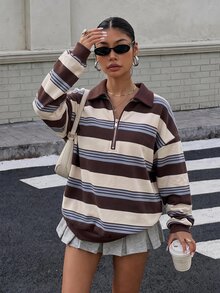 Muchica 女款秋季新款條紋半拉鍊 Polo 領夾克，秋冬新款女款運動衫，彩色條紋印花半拉鍊運動衫，戶外度假穿搭 - 彩色 - 查看 4