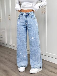 SHEIN PETITE CURVE Celana Jeans Denim Ukuran Besar dengan Saku, Kancing, dan Resleting untuk Musim Gugur/Dingin (Format, Bisnis, Chic, Basic, Goth, Halloween, Natal, Festival) PETITE CURVE Payet dan Rhinestone - Biru - View 5