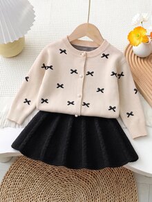 Baby Girl Round Neck Bow Faux Pearl Button Decor Long Sleeve Sweater And Autumn Skirt Set - Khaki - View 4