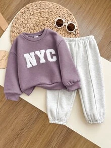 SHEIN Baby Boy Baby Girl Cute Autumn/Winter Grey Letter Print Long Sleeve Sweatshirt And Pants 2 Pieces Set - Purple - View 3