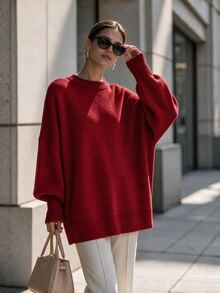 SHEIN Sweater Kasual Wanita Lengan Panjang Warna Polos, Kerah Bulat Longgar, Cocok untuk Beraktivitas di Luar Rumah - Merah - View 3