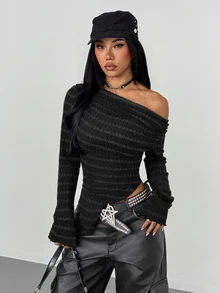 SHEIN ICON Y2K 頹廢風不對稱領口荷葉邊飾 T-shirt - 黑色 - 查看 3