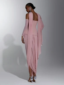 Elitara Elegant Minimalist Lotus Pink Knit Mesh Tube Top 2 In 1 Asymmetrical Ruched Hem Bridesmaid Dress - Dusty Pink - View 3
