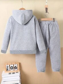 SHEIN Tween Boys Galaxy Letter Graphic Hoodie & Jogger Pants Set, Grey & Blue (2 Pcs) Fall Winter - Light Grey - View 2