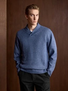 Manfinity CityGents 男士街頭風拼色時尚羅紋長袖針織衫 Y2K 情侶套裝 秋季套頭毛衣 - 藍色 - 查看 3