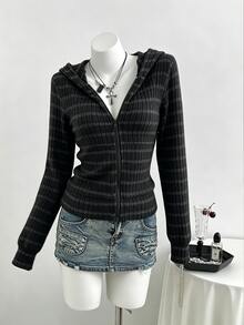 SHEIN LUNE 女款黑色灰色羅紋拉鍊連帽短款衛衣，休閒頹廢風寬鬆長袖上衣，冬季外套，正式畢業場合適用 - 黑色 - 查看 5