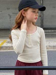 Hapijoa (Tween Girl) 米色修身長袖半開襟內搭圓領T恤，秋季 - 米色 - 查看 5