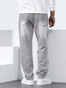 QuarKem Men's Washed Grey Semi-Elastic Waist Straight Leg Jeans - Grey - View 4