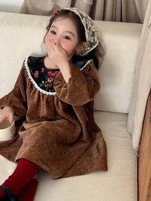 DAZY Infant (Girl) Round Neck Color Block Long Sleeve Autumn/Winter Dress - Coffee Brown - View 4