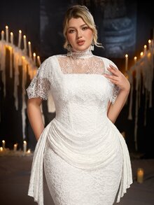 Aureia Plus Size Elegant Romantic Palace Style Beige Elastic Lace 2 Pieces Set Square Neck Slimming Ruched Design Mermaid Long Dress With Detachable Eyelash Lace Shawl, Suitable For Vacation, Ball, Evening Party, Wedding Event, Bridal Gown - White - View 4