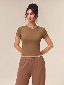 OutZeal Women Sports Tee Gym Workout Casual Soft Slim-Fit Front Half Zip Short Sleeve T-Shirt Summer - Brown - View 3