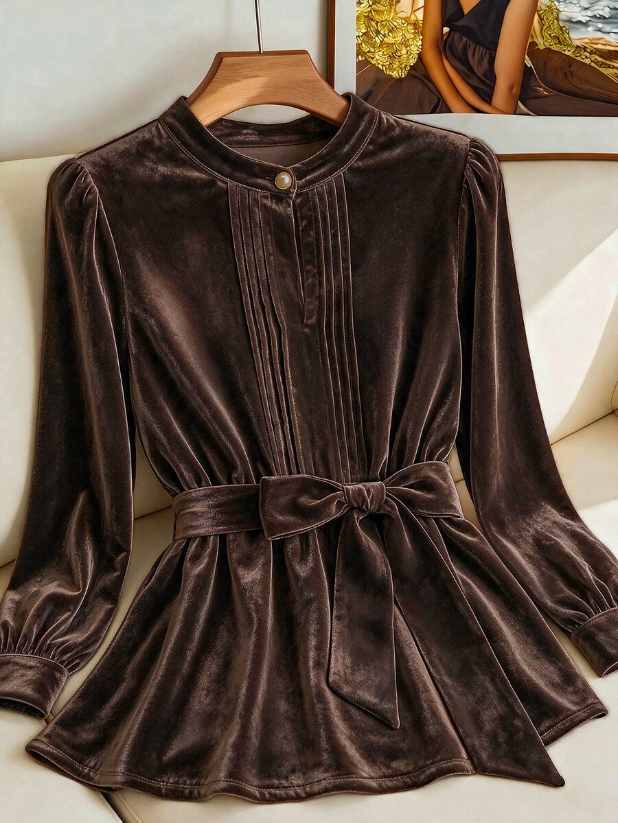 SHEIN Clasi 女款優雅時尚鈕扣百褶長袖襯衫 - 棕色 - 查看 1